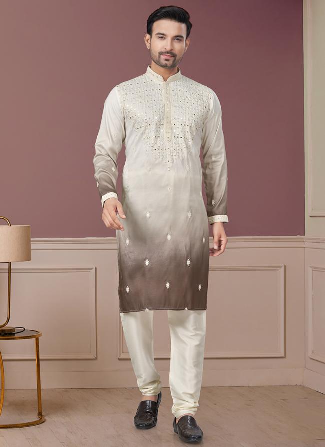 Pure Silk Cream Ceremonial Wear Embroidery Work Readymade Kurta Pajama